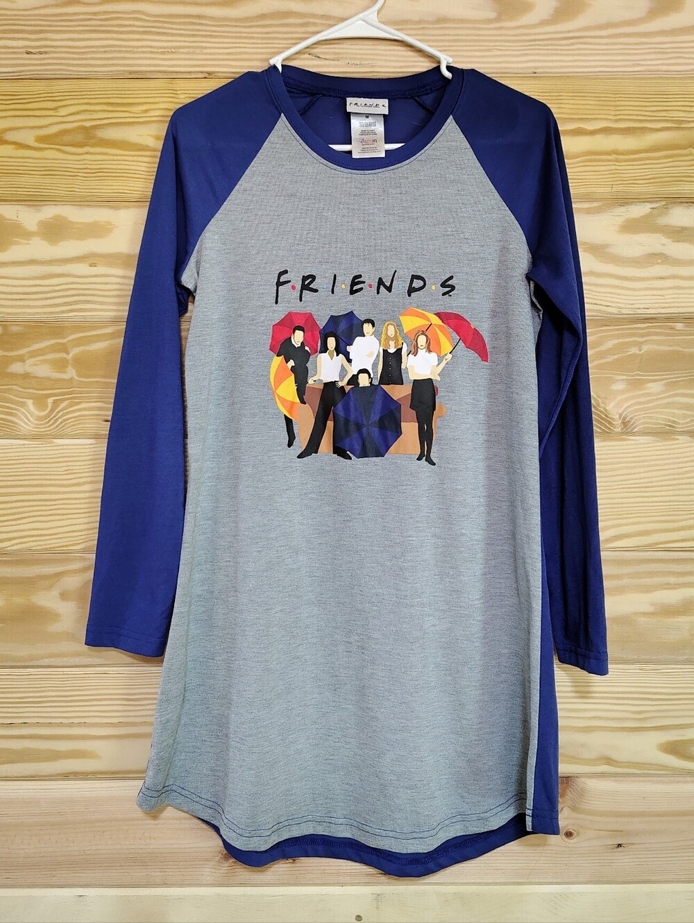 Friends TV Show Pajama Sleep Shirt Raglan Long Sleeve Gray Blue Graphic FLAW